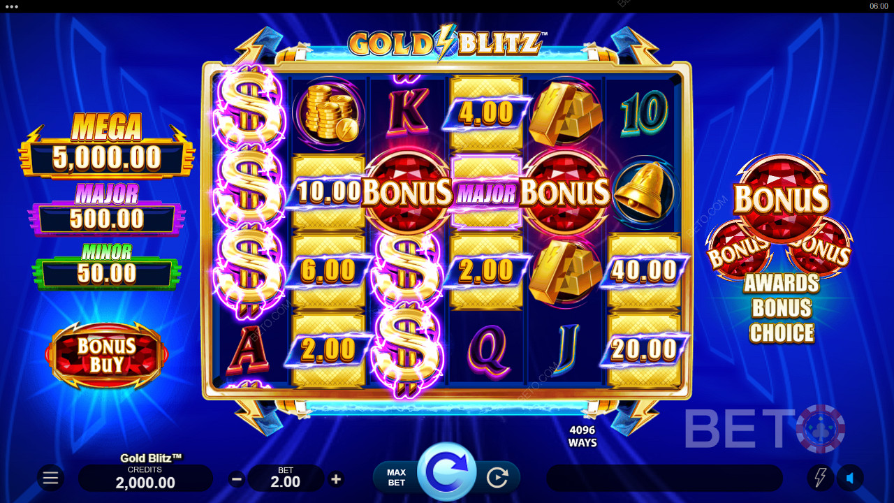 A Gold Blitz nyerőgép bármelyik alapjáték pörgetésénél megnyerheti a Jackpot-díjat.