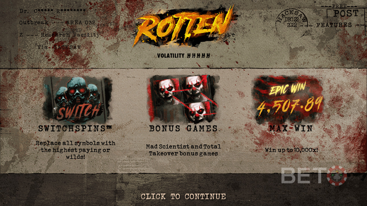 Élvezze a SwitchSpins, az ingyenes pörgetéseket és még sok mást a Rotten slot by Hacksaw Gaming