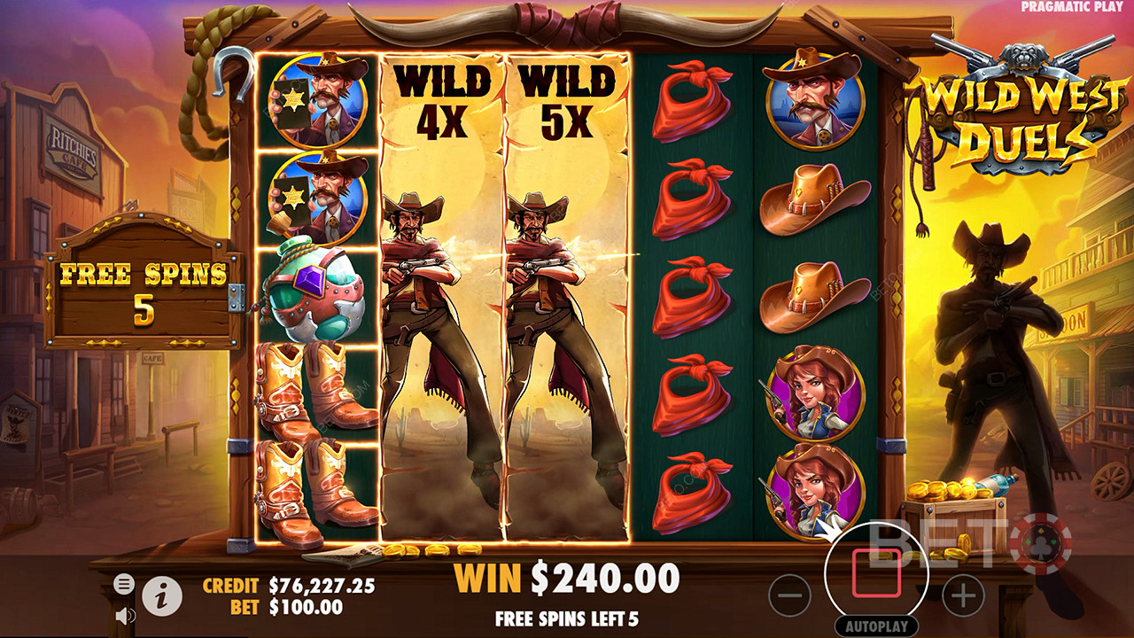 A Wild West nyerőgépen a Duel Free Spins játékban bővülő vadak jelennek meg szorzókkal együtt.