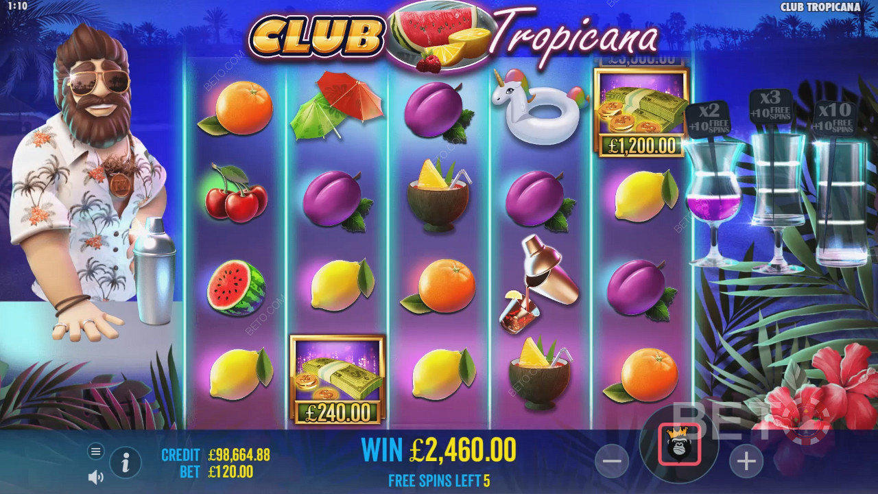 A Club Tropicana nyerőgép ingyenes pörgetései során lehetőséged van a pénz szimbólumok begyűjtésére.