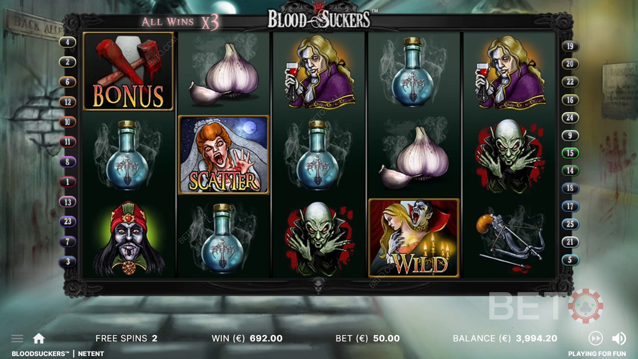 A Blood Suckers nyerőgépes játék ingyenes pörgetéseiben minden nyeremény megháromszorozódik.