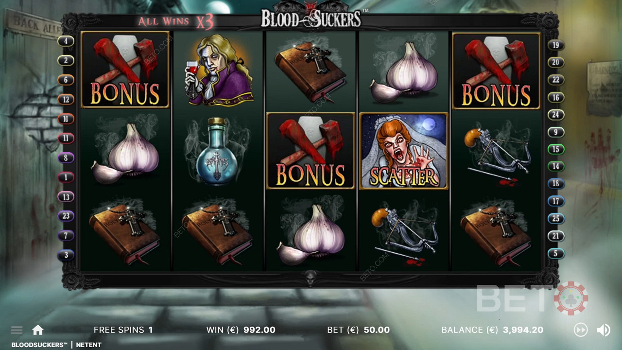 3 bónusz szimbólum a megfelelő pozíciókban kiváltja a bónusz játékot a Blood Suckers nyerőgépben.
