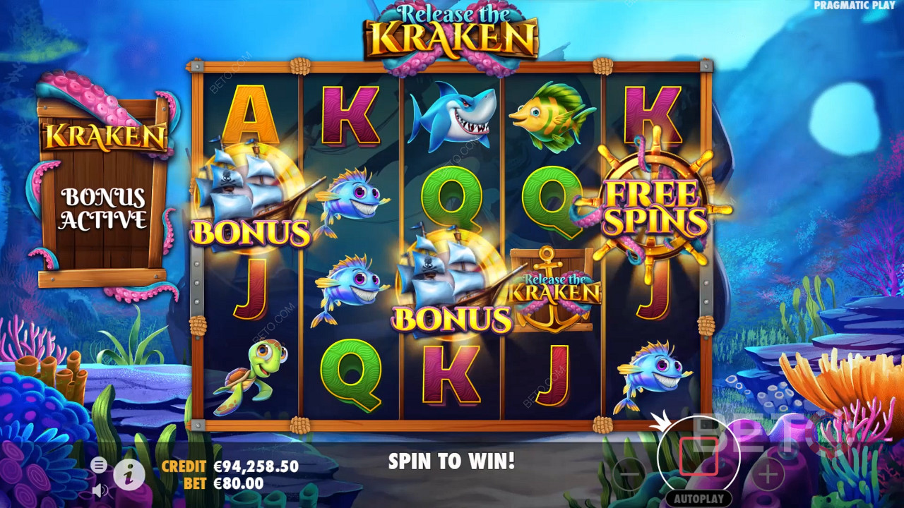2 scatter és 1 Free Spins szimbólum ingyenes pörgetéseket indít el a Release the Kraken nyerőgépben.