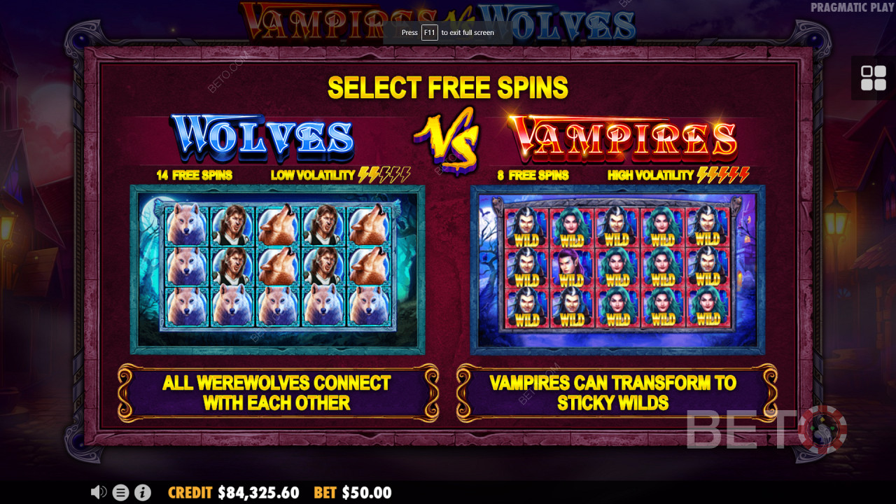 Kettős ingyenes pörgetés bónusz körök a Vampires vs Wolves