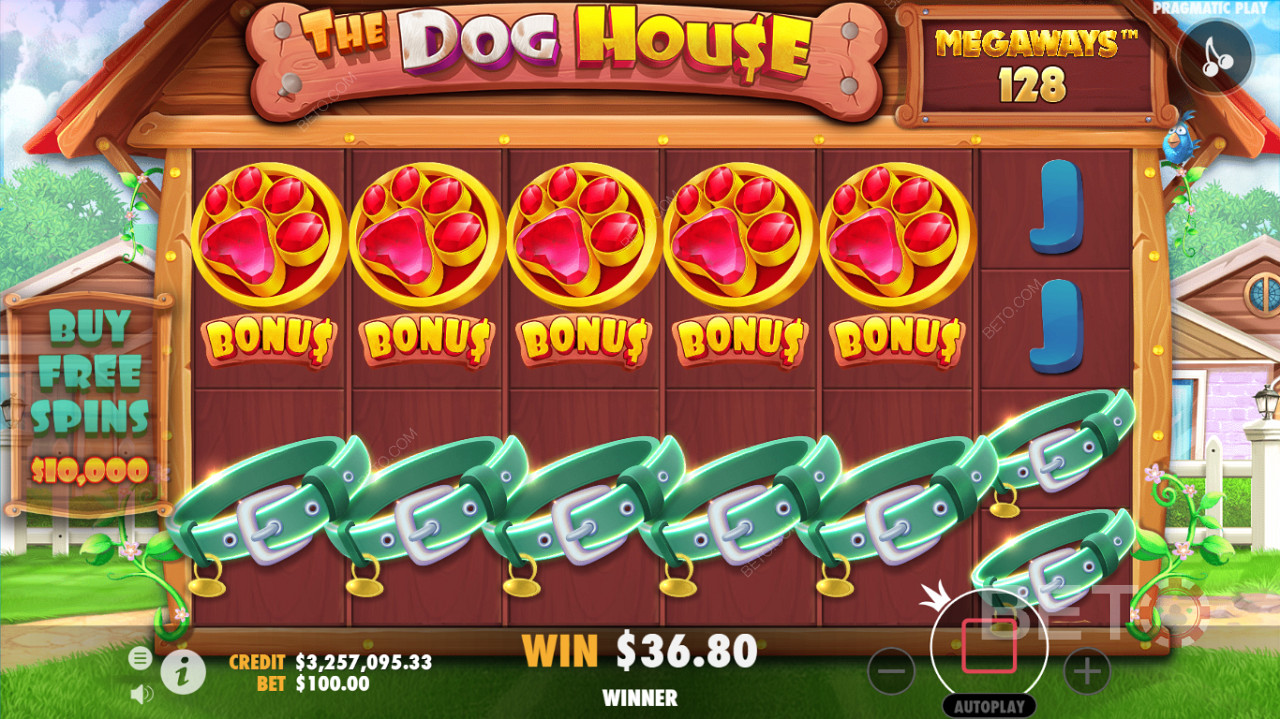A részletes játékfelület a The Dog House Megaways kaszinók nyerőgépek játékfelületén