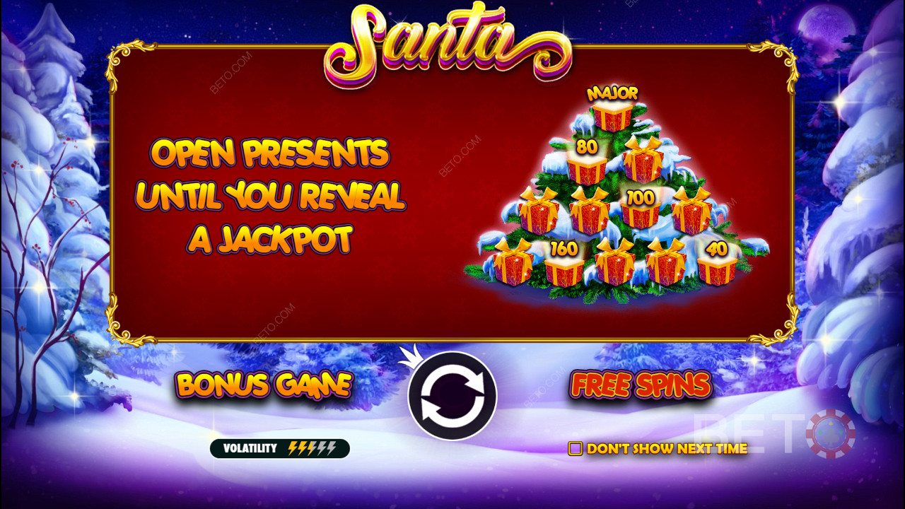 A bónuszjáték készpénzes nyereményekkel és jackpotokkal rendelkezik a Santa online nyerőgépben.