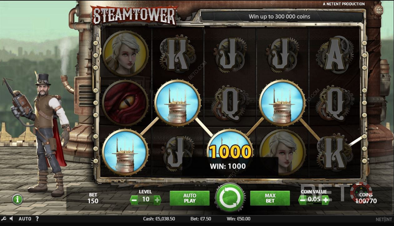 Egyező szimbólumok a Steam Tower nyerőgépes játékban