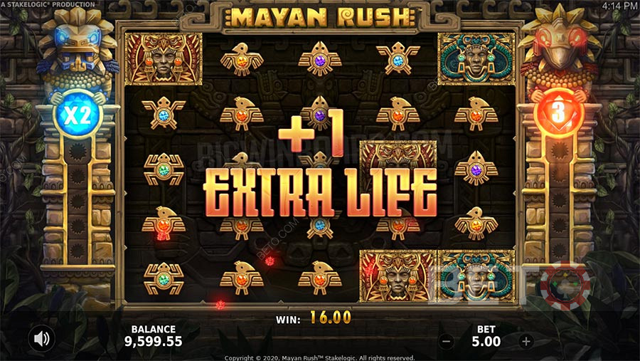 Mayan Rush a bónusz funkciók közé tartoznak a Free Spins, egy szorzó és egy szerencsejáték funkció