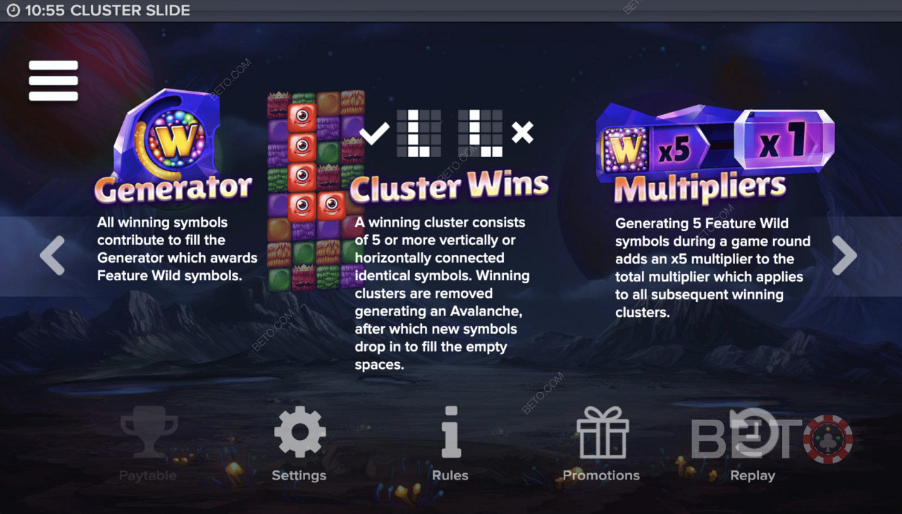 Generator, Cluster Wins, és Multiplier a Cluster Slide