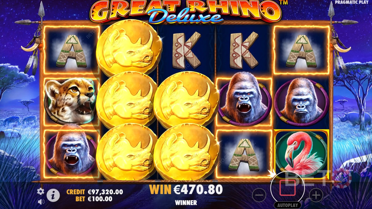 A bónusz funkciók magyarázata a Great Rhino Deluxe-ban a következő által Pragmatic Play