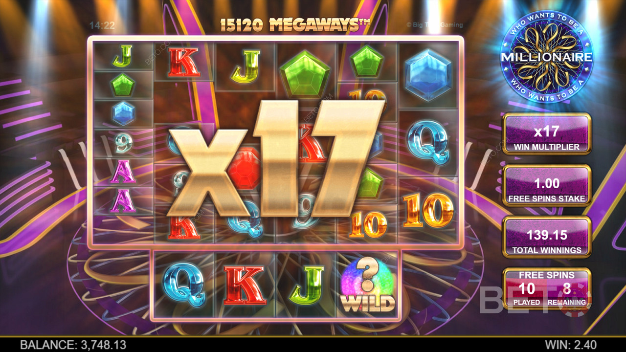 Egy szorzó növeli a nyereményt minden egyes kaszkádos nyereménynél a Who Wants to Be a Millionaire Megaways játékban.