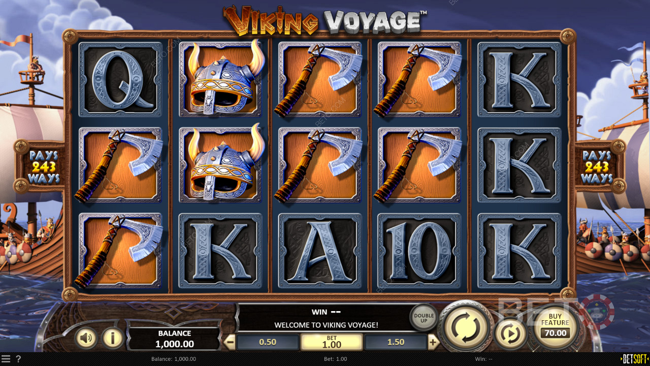 Élvezze a viking stílusú témát, grafikát és szimbólumokat a Viking Voyage online nyerőgépben.