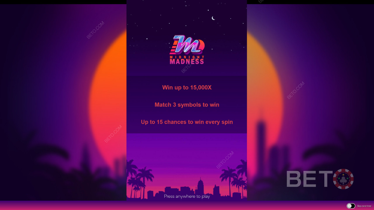 A kezdőképernyő a Midnight Madness oldalon a játékmenetre vonatkozó információkkal.