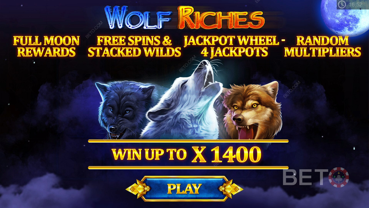 Ingyenes pörgetések, szorzók, jackpotok és Stacked Wildok a Wolf Riches nyerőgépben.