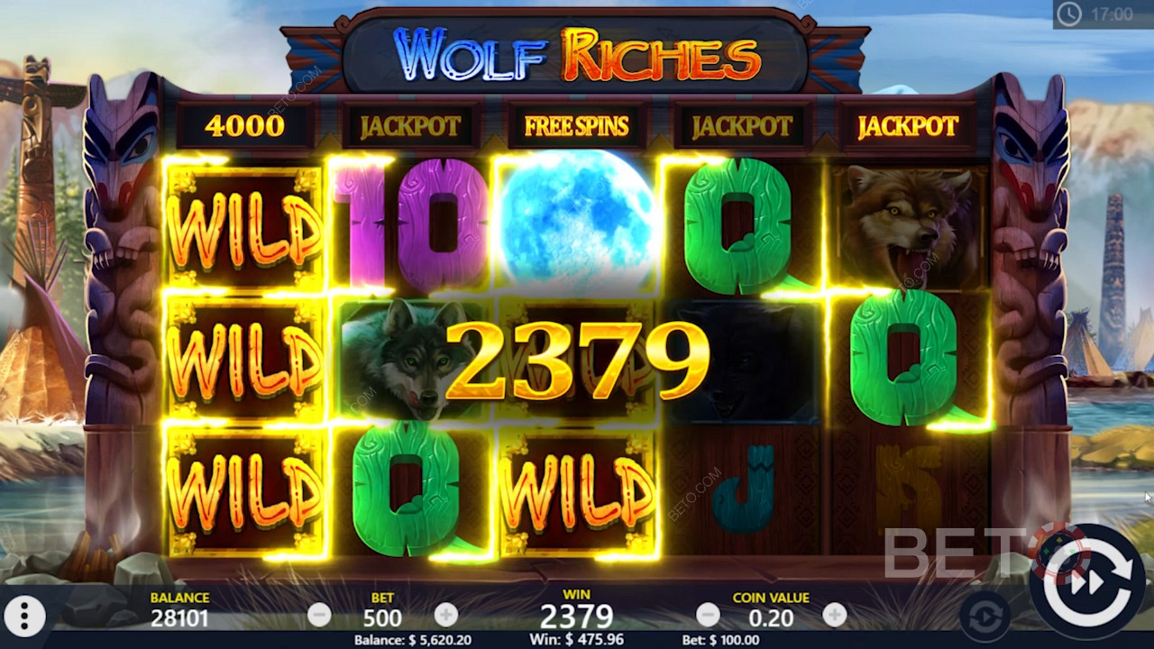 Ingyenes pörgetések és Wild nyeremény a Wolf Riches online nyerőgépben