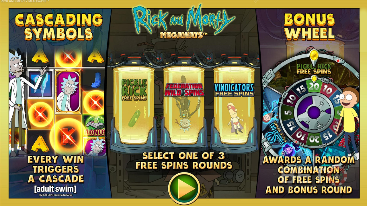 Élvezze a három különböző típusú ingyenes pörgetést a Rick and Morty Megaways nyerőgépben.