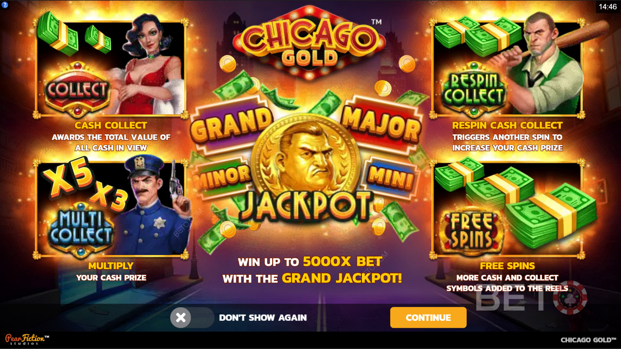 Élvezze a gyűjtőfunkciókat, jackpotokat és ingyenes pörgetéseket a Chicago Gold nyerőgépben.