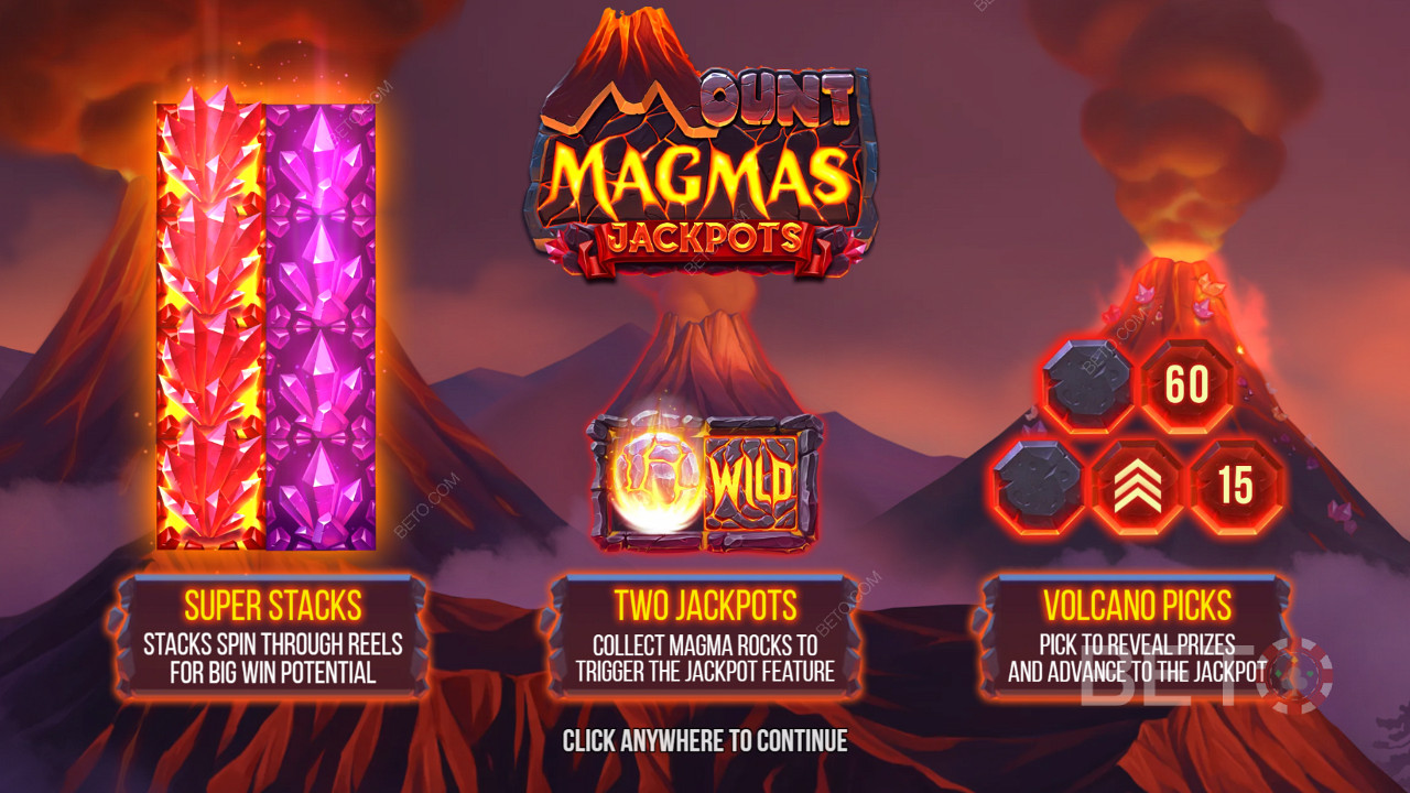 Élvezze a Super Stacks, 2 jackpot és a Volcano Bonus funkciót a Mount Magmas nyerőgépben.