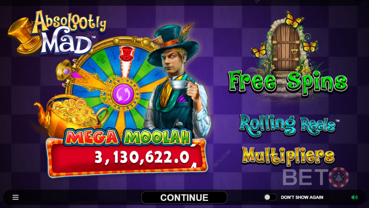Élvezze a progresszív jackpotokat és egyéb funkciókat a Absolootly Mad: Mega Moolah videó nyerőgépben.