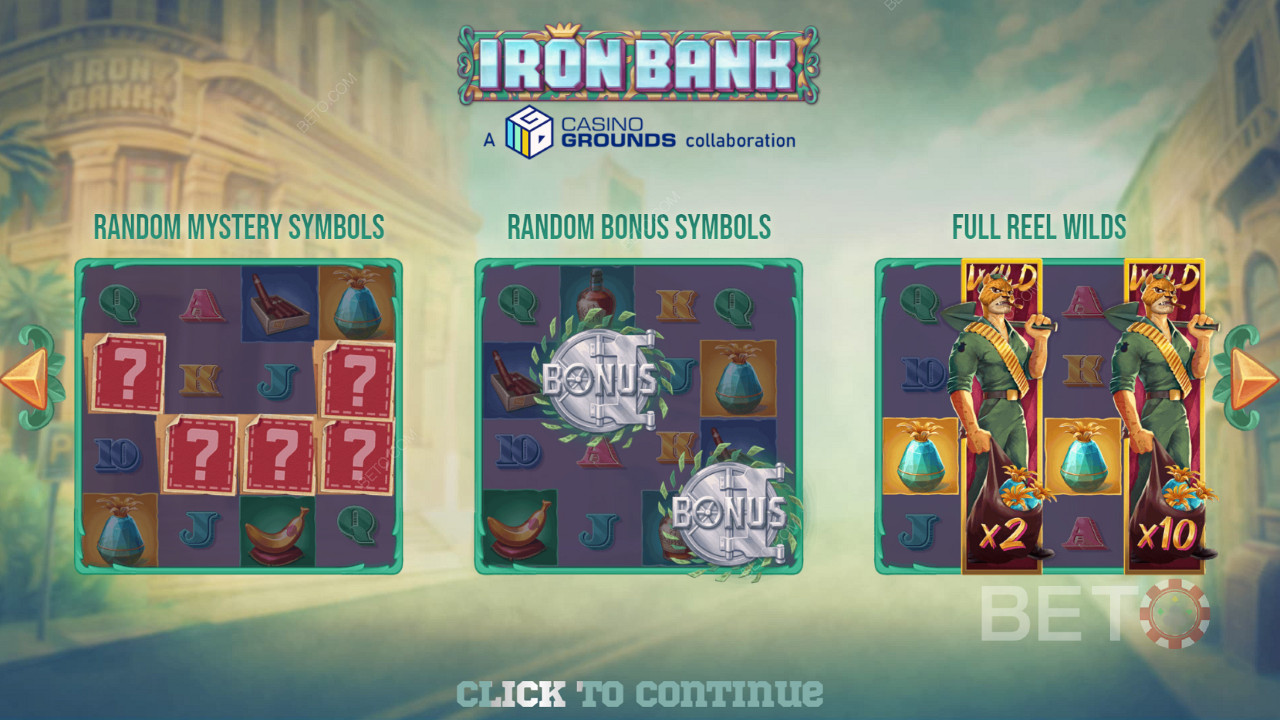 Élvezze az erőteljes funkciókat a Iron Bank nyerőgép alapjátékában.