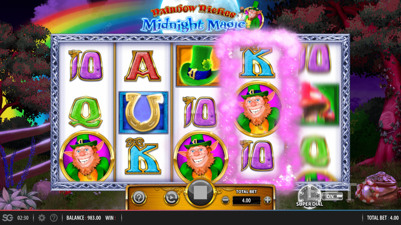 Rainbow Riches Midnight Magic a Barcrest weboldalról, amelynek funkciói között szerepel egy Super Dial Bonus