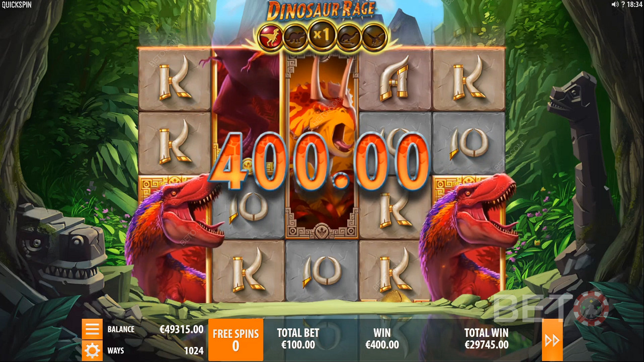 400 érme értékű nyeremény a Dinosaur Rage nyerőgépen