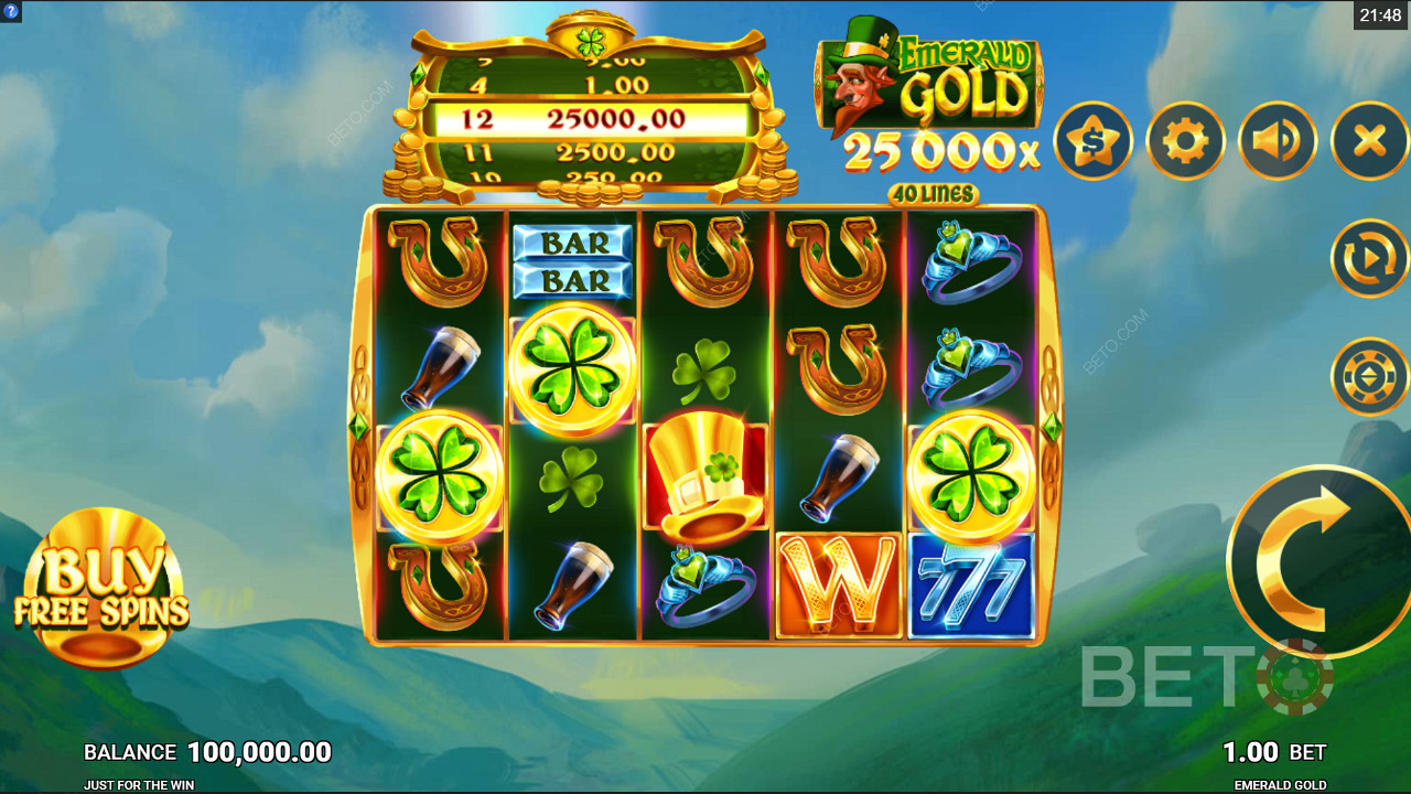 Vásároljon ingyenes pörgetéseket a Emerald Gold online nyerőgépben a Just For The Win játékban