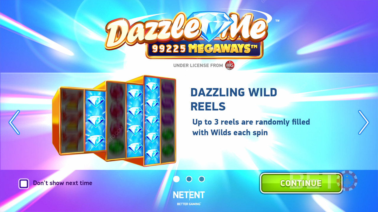 Az intro képernyő a Dazzle Me Megaways