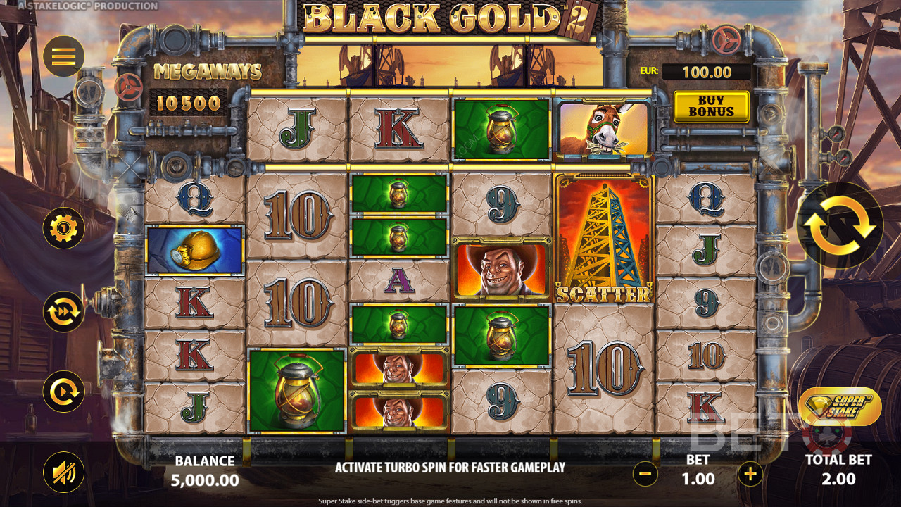 A Black Gold 2 Megaways online nyerőgépen 3 vagy több azonos szimbólummal nyerhetsz.