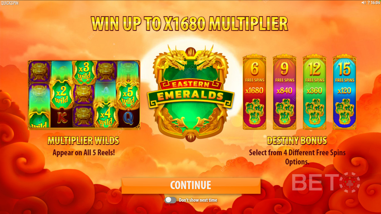 Élvezze a Multiplier Wildokat és a különböző ingyenes pörgetéseket a Eastern Emeralds nyerőgépben.