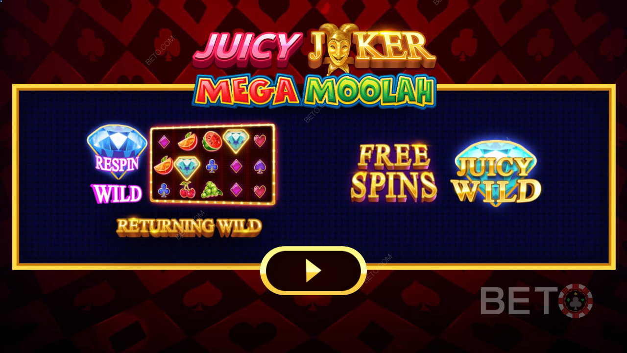 Juicy Joker Mega Moolaha különböző Boostereket magyarázó intro képernyője
