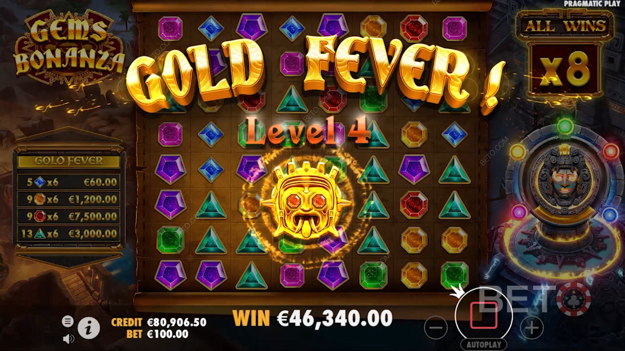 Gyűjtsön össze legalább 114 nyerő szimbólumot a Gold Fever progresszív bónusz megnyitásához.