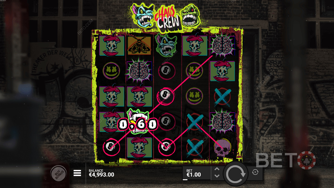 A Chaos Crew nyerőgépen 3-5 azonos szimbólummal nyerhetsz.