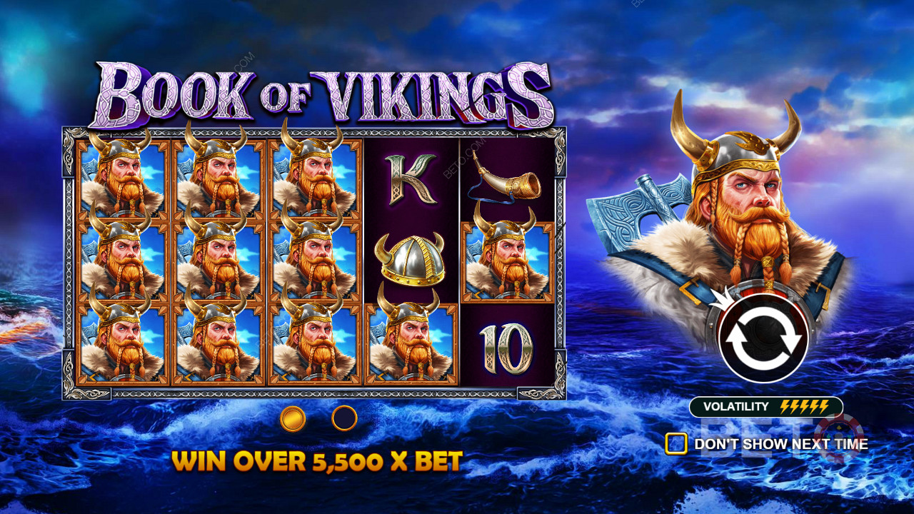 Nyerjen akár a tét 5,500-szorosát érő jutalmakat a rendkívül változékony Book of Vikings nyerőgépen.