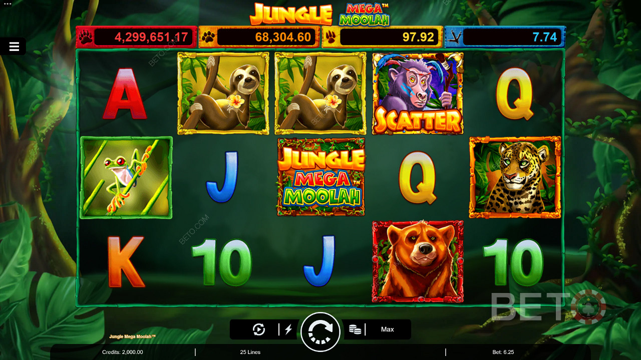 Élvezze a multiplikátoros vadakat, az ingyenes pörgetéseket és a négy progresszív jackpotot a Jungle Mega Moolah nyerőgépben.