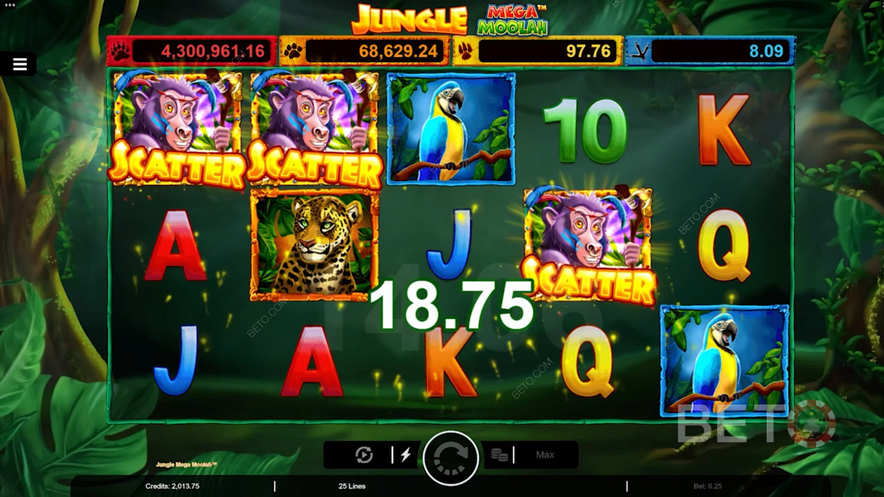 3 majom scatterrel ingyenes pörgetéseket indíthatsz a Jungle Mega Moolah online nyerőgépes játékban.