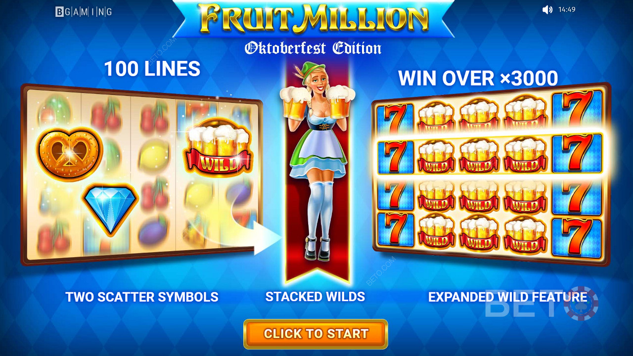 Játsszon egy 100 soros nyerőgépen, és nyerjen akár 3000-szeres tétet a Fruit Million