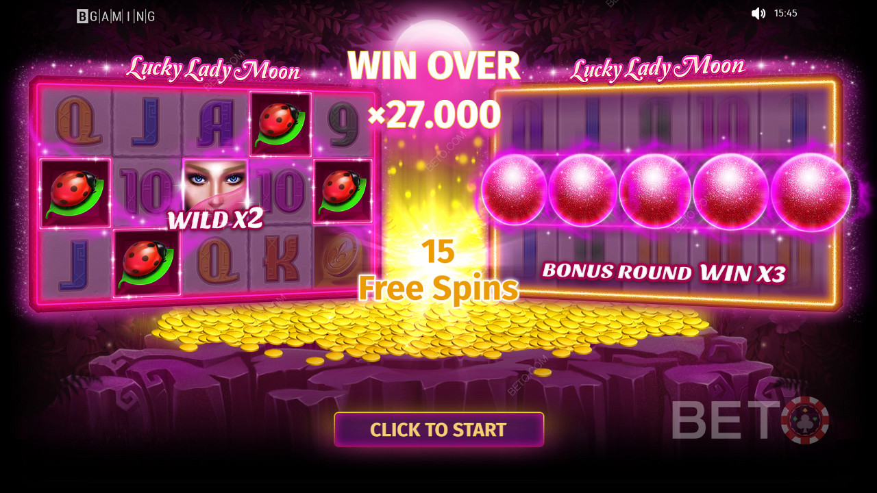 Játsszon tovább, hogy nyereményeket nyerjen, amelyek a tét akár 27,000-szeresét is elérhetik a Lucky Lady Moon nyerőgépen.