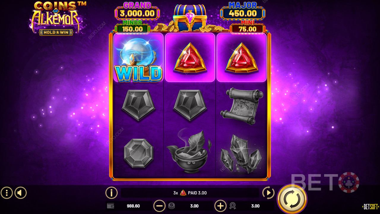 A bónusz funkciók magyarázata az Alkemor érméi - Hold & Win játékban Betsoft
