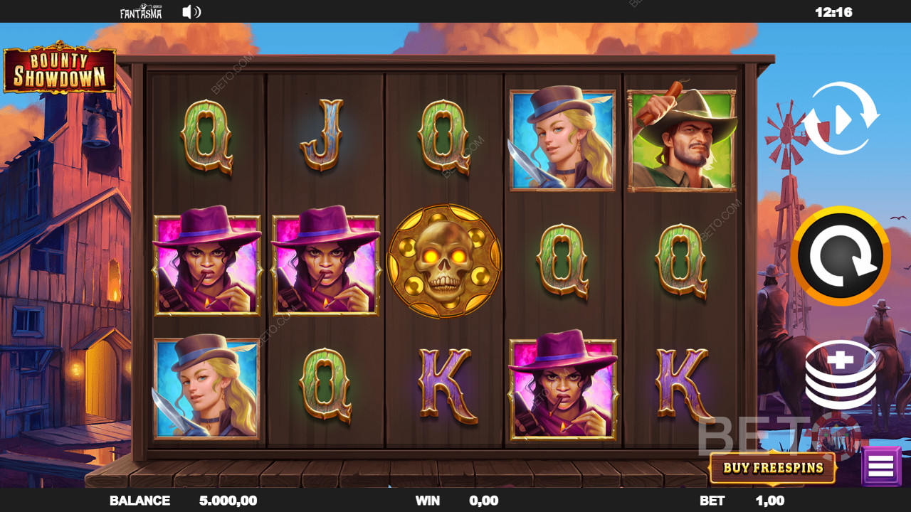 Játsszon a Bounty Showdown oldalon és tapasztalja meg a cowboy témájú szimbólumokat.