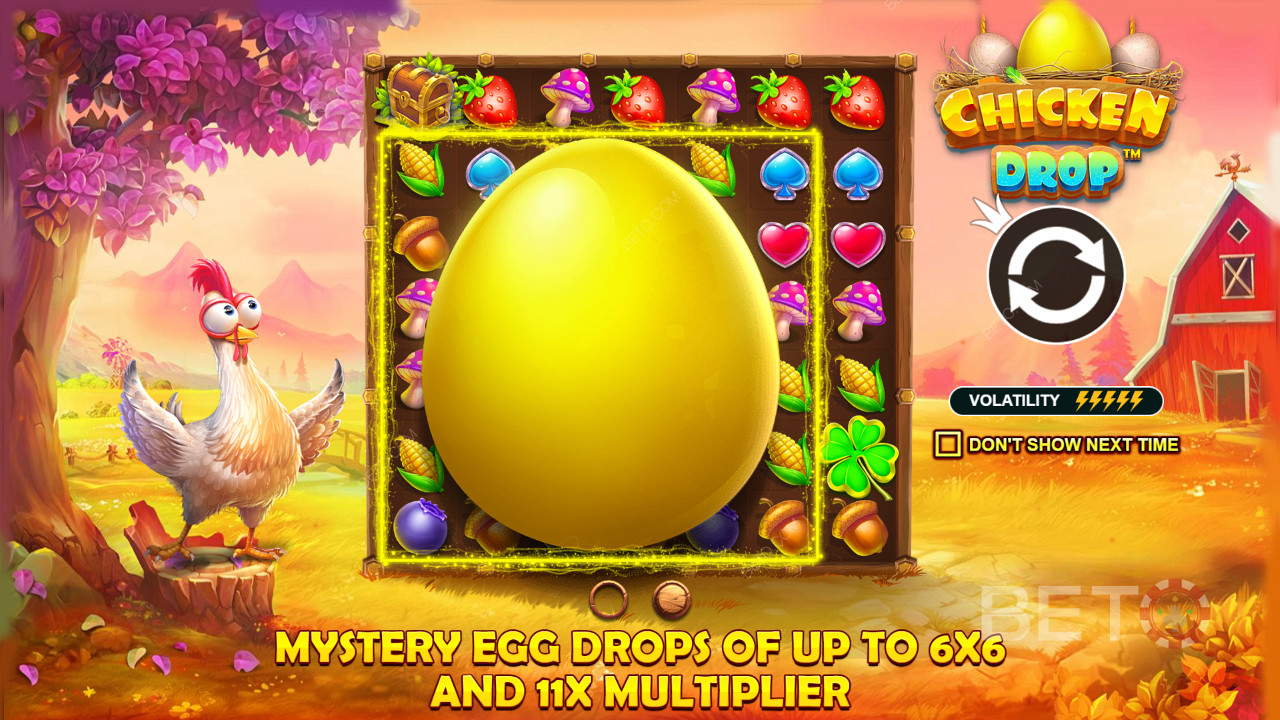 Élvezd a tojáscseppeket szorzókkal és nagyobb méretekkel a Chicken Drop online nyerőgépben.