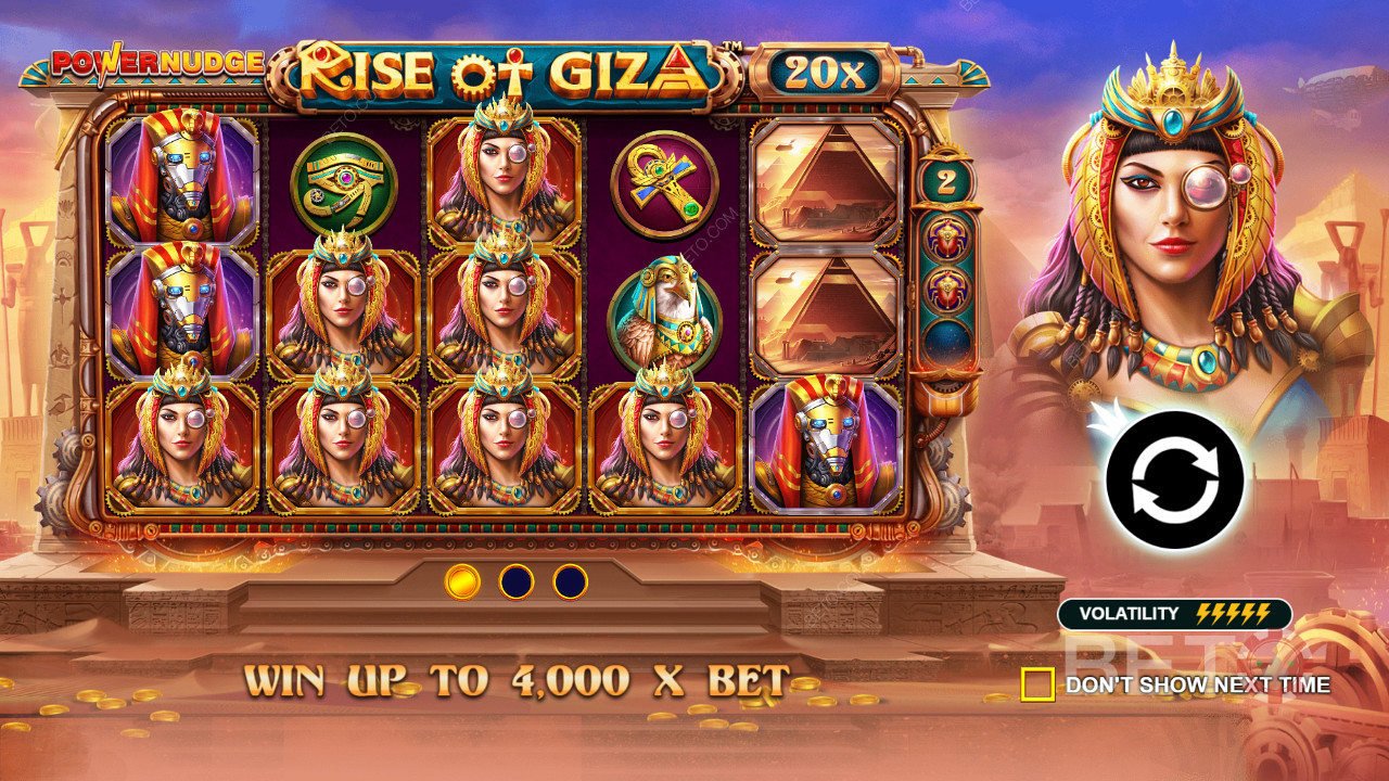 Nyerjen tétje akár 4,000-szeresét is a Rise of Giza PowerNudge online nyerőgépen.