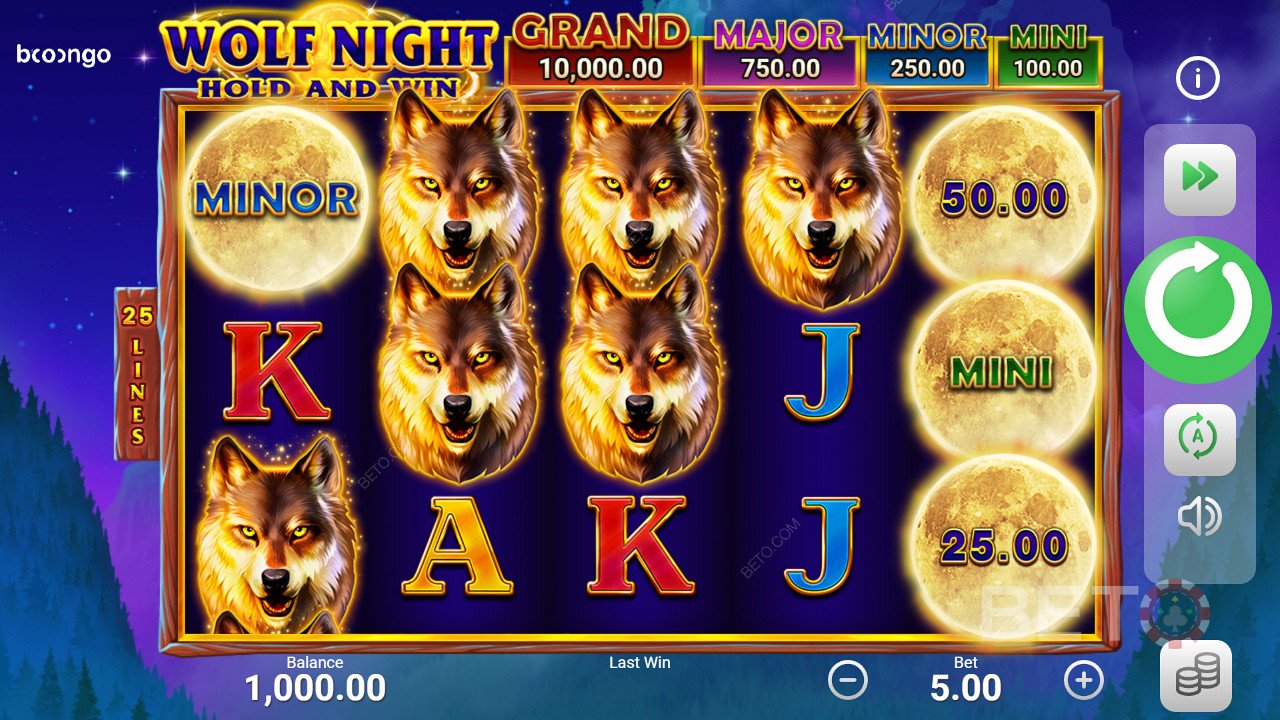 Wolf Night nyerőgép bónusz körrel, jackpotokkal és ingyenes pörgetésekkel, amelyet a Booongo
