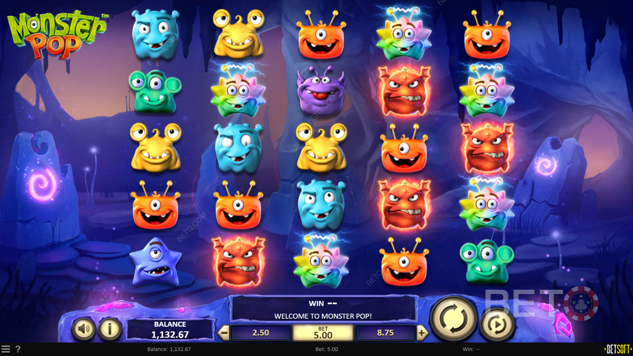 Élvezze a szórakoztató témát és a mókás szimbólumokat a Monster Pop online nyerőgépben.