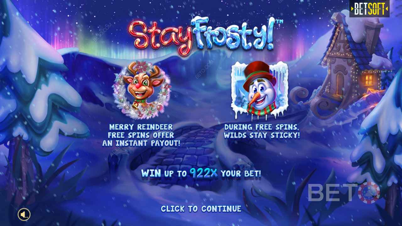 Az intro képernyő a Stay Frosty! Merry Reindeer Free Spins & Max Win 922x a téted!