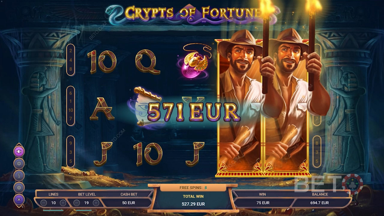 Élvezze a bővülő szimbólumokat az ingyenes pörgetésekben a Crypts of Fortune nyerőgépben.