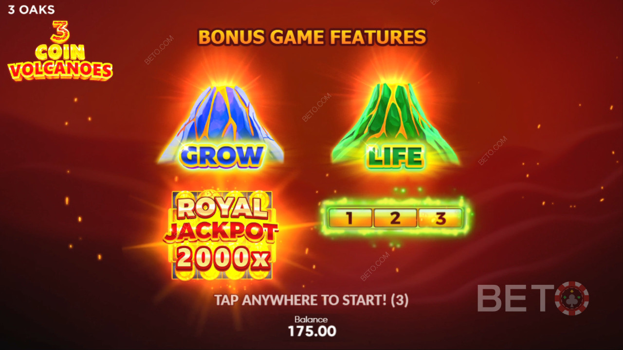 Bónusz funkciók magyarázata a 3 Coin Volcanoes játékban a 3 Oaks Gaming által