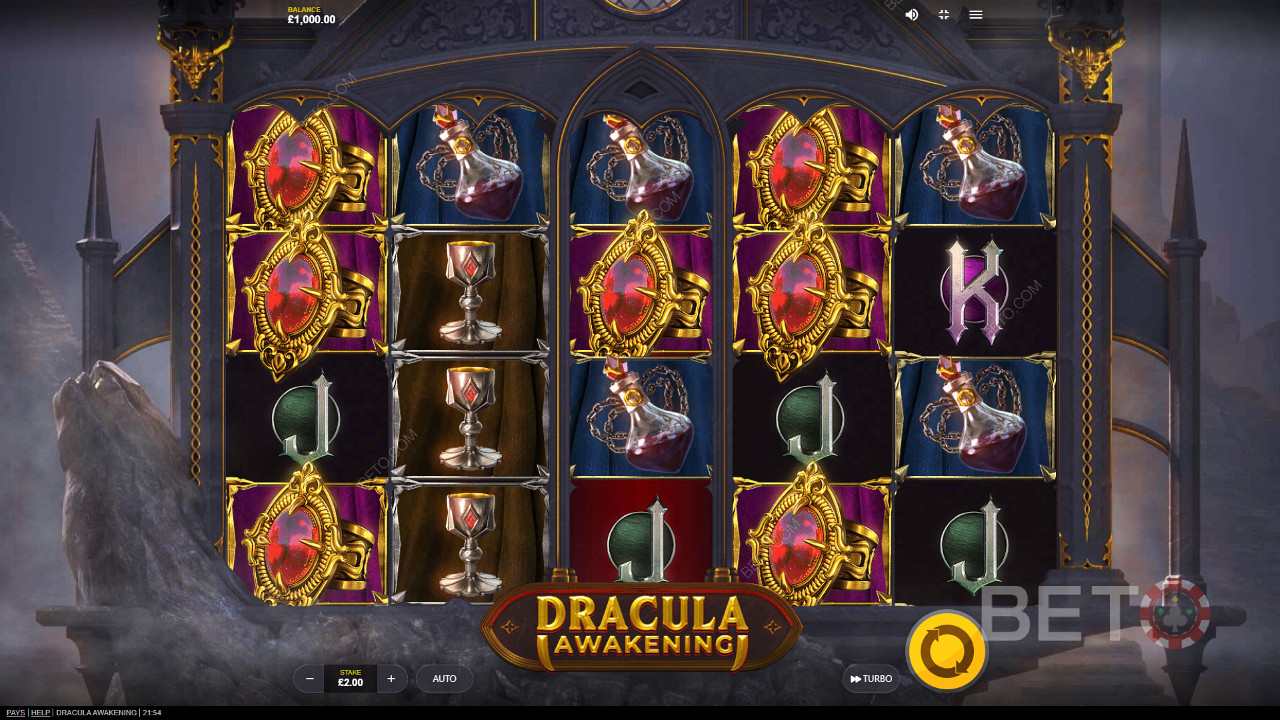Élvezze a gyönyörű szimbólumokat és témát a Dracula Awakening nyerőgépben.
