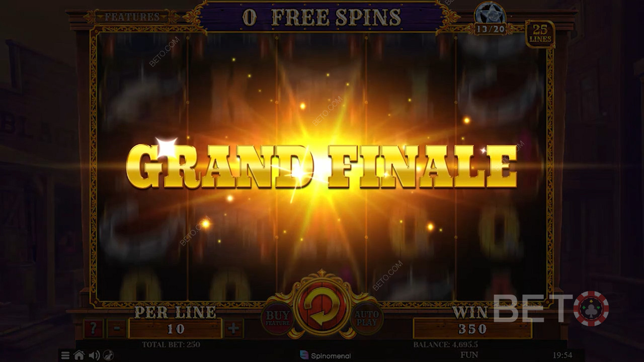A "Grand Finale" az utolsó ingyenes pörgetésnél aktiválódik, hogy jelentősen növelje a nyerési esélyeket.