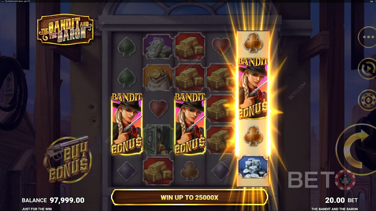 3 scatter szimbólummal nyissa meg a Bandit Bonus funkciót, és nyerjen számos nyereményt.